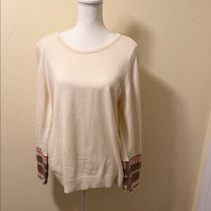 Belle Boho women’s lg Cream Sweater with Patterned Sleeves